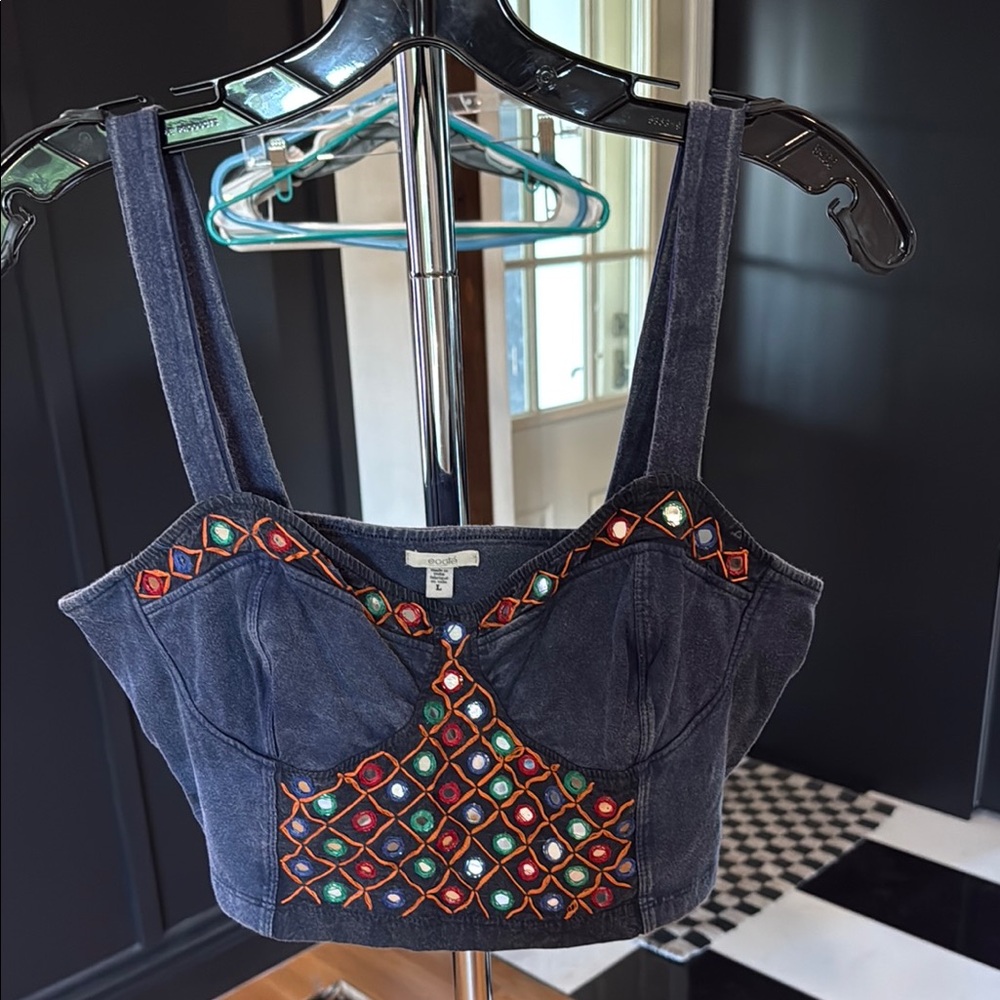 Ecote Denim Crop Top with Colorful Embellishments